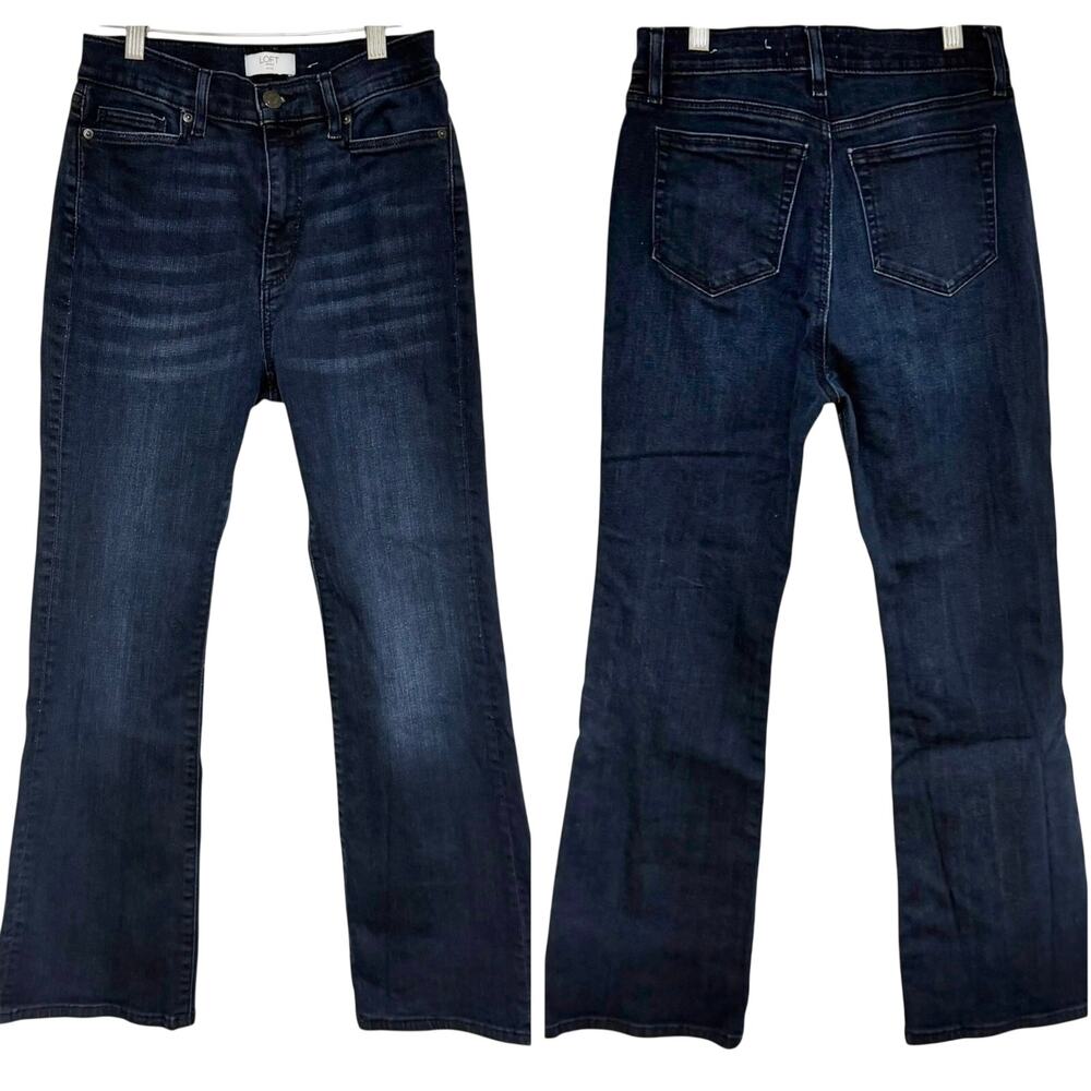 LOFT High Rise Flare Denim Jeans Dark Blue Wash Size 4 Petite Stretch Denim